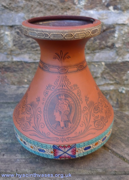 Victorian terracotta hyacinth vase with classical figure transfers